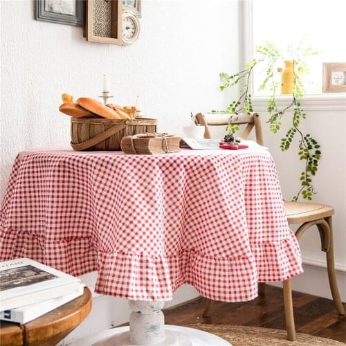 Cilected Nordic Ins Round Tablecloth 150CM Red Plaid Printed Lotus Leaf Lace Tablecloth Cotton And Linen Decor Cover Cloth