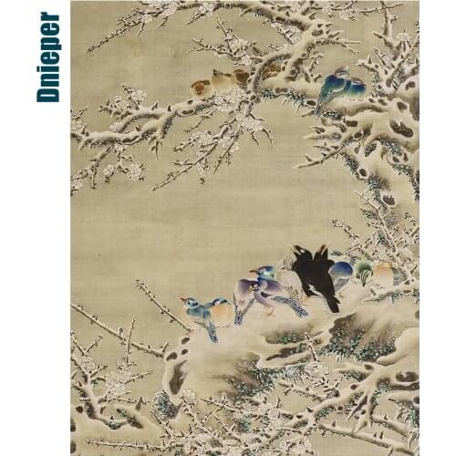 Japanese Art Diy Diamond Painting "Birds on Blossoming Plum Tree in Snow" Mosaic Cross Stitch Needlework Rhinestone Embroidery