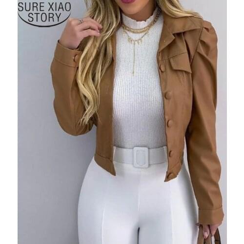 2021 Spring Fashion Short Jacket Women PU Coat Turn Down Collar Cardigan Jackets Ladies Tops Autumn Korean Clothes Female 12648