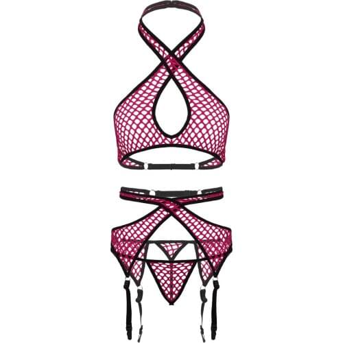 Women Hollow Out Fishnet Lingerie Set Halter Neck Front Keyhole Bra Top with Crossed Waist Garter Belt G-String Briefs Underwear