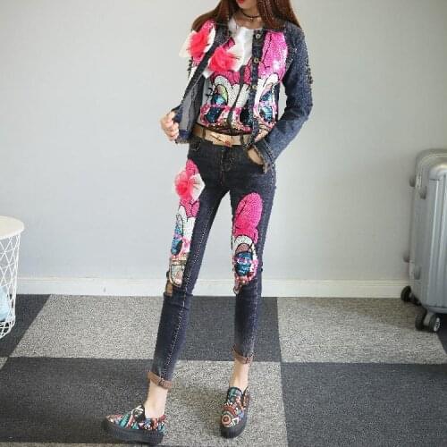 Women Sequin Denim Clothes Sets Girl Lady Fashion Duck Sequins Denim Coat + Dark Skinny Jeans Trousers Two Piece Suits