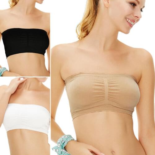 Women Solid Plain Strapless Bra Bandeau Tube Top Ladies Removable Pad Seamless Crop Colors New