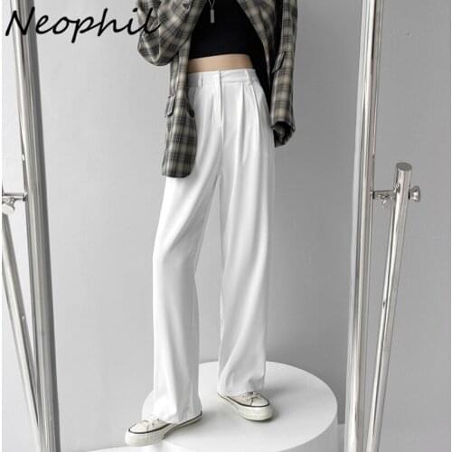 Neophil 2021 Office Ladies High Waist White Suits Pants for Women Loose Female Floor-Length Wide Leg Pants Long Trousers P21749