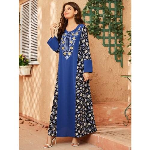 Ethnic Maxi Long Dress for Women Plus Size O Neck Long Sleeve Abaya Dresses White Floral Print Dubai Muslim Arabic Clothes