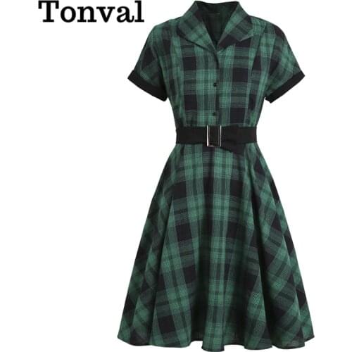 Tonval 50s Style Vintage Green Plaid Pinup Swing Dresses for Women Button Up Short Sleeve Belted Elegant A Line Retro Dress