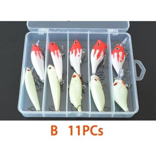 10PCs Kit Lure fishing Bait Hard Bait Pencial VIB Popper Minnow Night Day Luminous Fishing Swibait Crankbait Hooks+Tackle Box