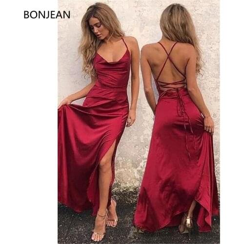 2019 Charming Long A-Line Halter Sweep Brush Train Satin Sleeveless With Ruffles Spaghetti Straps Evening Dresses Party Dress