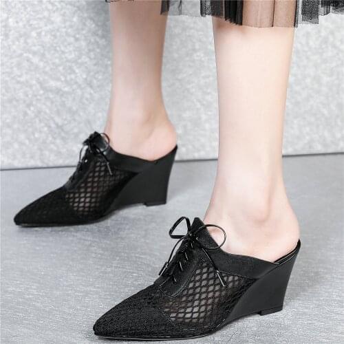 2021 Women Lace Up Genuine Leather Wedges High Heel Roman Gladiator Sandals Female Summer Pointed Toe Ankle Boots Casual Shoes