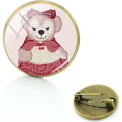 Disney Cute Duffy Bear And Shirley Plush Doll Picture Round Glass Fashion Charm Brooch Pin Retro Jewelry Brooch