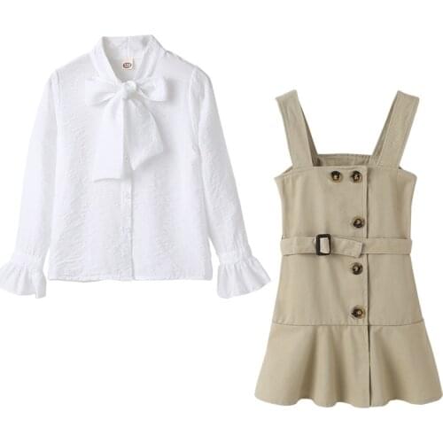 Big Girls Elegant Clothing Set 2020 Autumn New Children Blouse and Strap Dress Girls Set Fashion Kids Girls Two-Piece Set, #1024