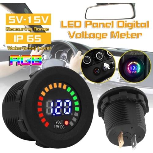 Round Waterproof Car DC 12V Voltage Meter RGB LED Panel Mini Digital Voltage Volt Meter Display Voltmeter for Motorcycle Car