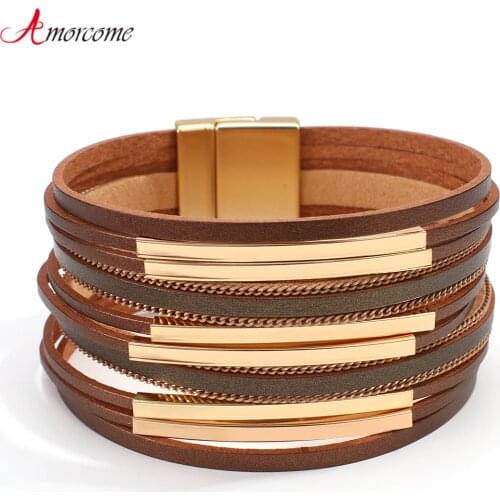 Amorcome Multilayer Metal Casing Leather Bracelets for Women Fashion Simple Wrap Bracelet Bangle Unisex Jewelry Gifts