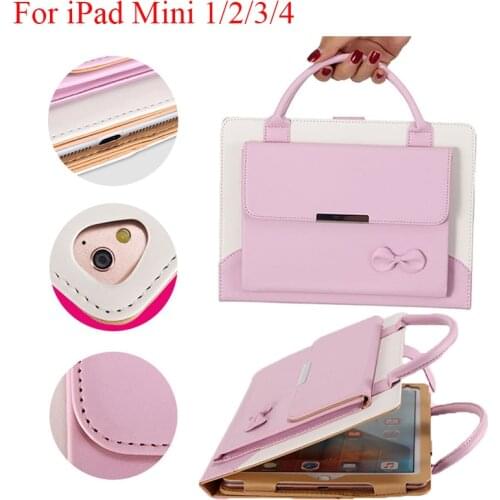 Fashion Universal Ladies Handbag For iPad Mini 4 PU Leather Case For iPad mini 2 3 4 Bow Girl Stand Smart Cover Bag Mini3 Mini2