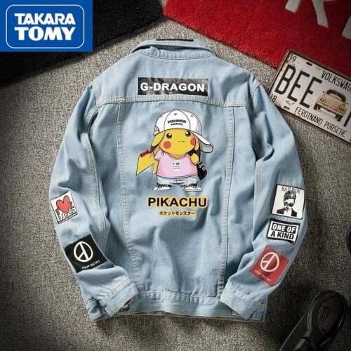TAKARA TOMY Pokemon fashion mens spring and autumn cute cartoon comfortable jacket jacket simple trend loose denim jacket