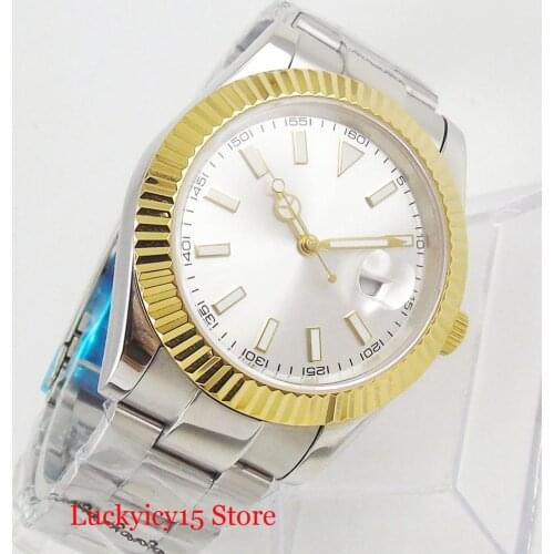 Mechanical Men Watch Sapphire Glass 40mm Date Sterile White Dial Gold Plated Case Mental Bracelet