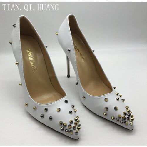 New Style Hot Sales Women White Wedding Shoes Rivets Heels Fashion Sexy Genuine Leather Pumps High Heels Shoes Woman