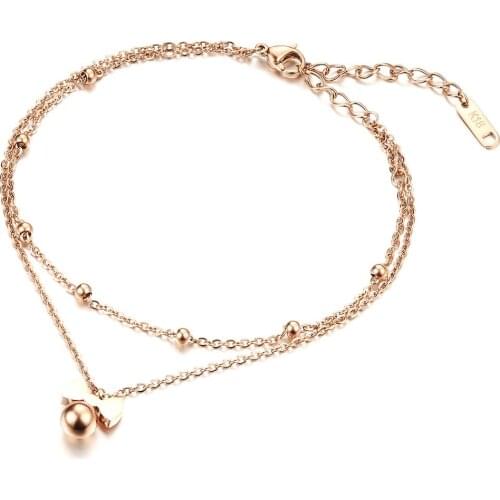 New Delicate Bowknot Anklets Classic Rose Gold Color Stainless Steel Double Layer Women Ankle Jewelry Bracelets A19035