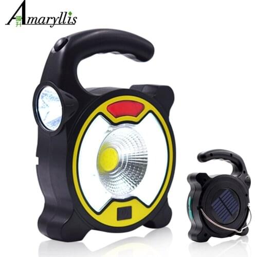 Portable Rechargeable COB LED Light with Hanging Hook Solar Powered Or USB Charging Camp Lighting for Hunting Fishing Emergency