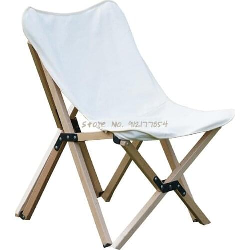 Portable outdoor canvas folding chair camping beach chair solid wood leisure recliner self-driving light chair