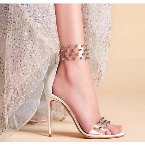 Sexy Small Metal Rivets Studs Clear PVC Sandals Ladies Thin High Heels Patchwork Zapatos Gladiator Lucency One Strap Sandalias