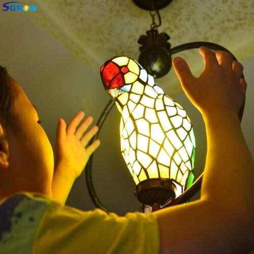 SGROW Tiffany Stained Glass Parrot Lampshade Art Pendant Light Indoor Lighting Fixtures for Living Room Garden Aisle Kids Lamps