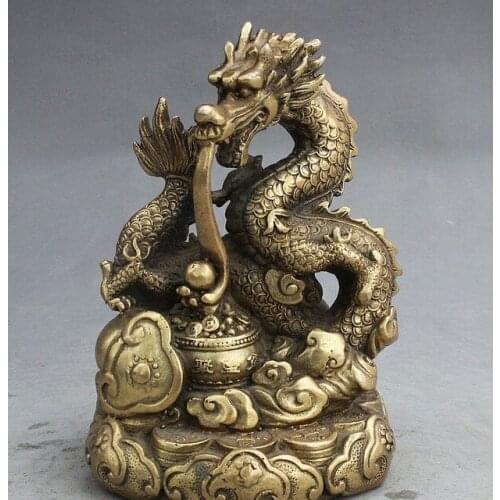 5" Marked Chinese Dynasty Yuanbao Money Ruyi treasure bowl Dragon Brass Statue
