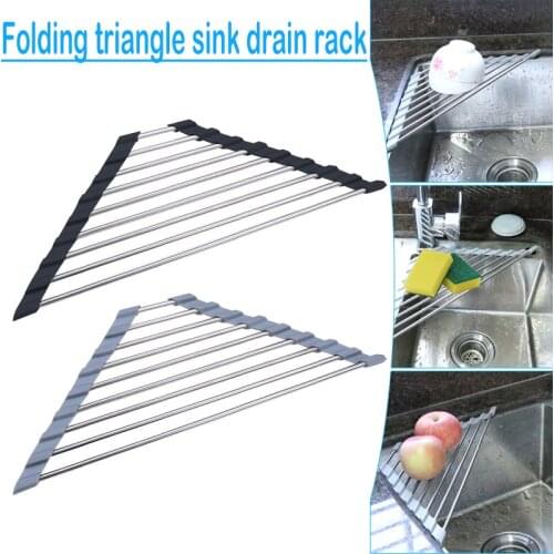 Triangular Stainless Steel Sink Shelf Rollable Corner Sink Drainer Dishes Drying Rack Easy Storage Kitchen Accessory PAK
