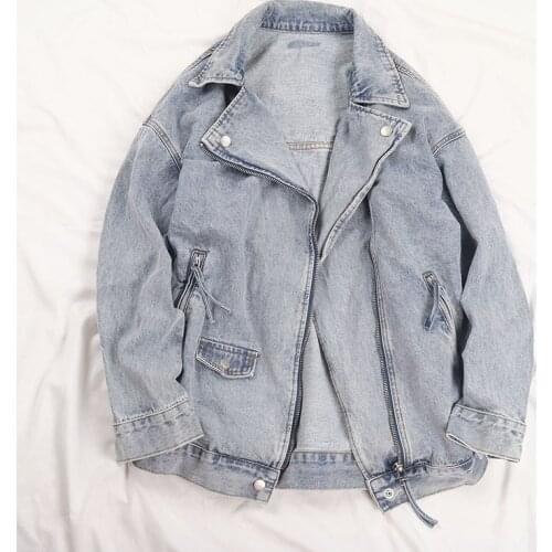 Spring 2021 Fashion Washed Light blue Denim Jacket turndown collar Long sleeve Zipper Loose Oversized Jeans Jacket Casual Female