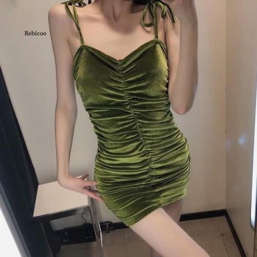 Women Vintage V-Neck Golden Velvet Mini Dress Fashion Pleated Slim High Waist Dresses Party Orange Green Bag Hip Dress
