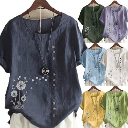 Womens Casual Dandelion Printed Linen Tops Round Neck Short Sleeved Plus Size T-Shirt Loose Graphic Blouse