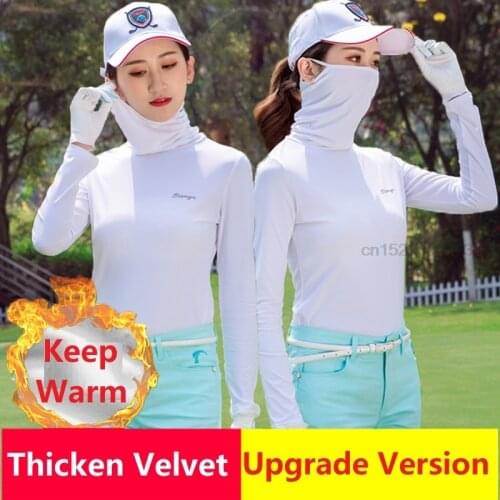 Women Golf Shirt Long Sleeve Mask T Shirt Winter Warm Jersey Tops Ladies Windproof Thicken Underwear Golf Wear Pullover S-XXL