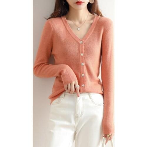 Fine Imitation Superfine Wool Cardigan Womens Thin Spring Autumn Loose V-Neck Outer Tower Long-Sleeved Fashion Knitted Sweater