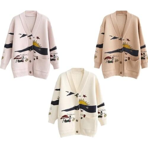 Korean Women Autumn Long Sleeve Knit Cardigan Cartoon Beach Sunset Graffiti Print Sweater Coat V-Neck Button Down Loose Outwear