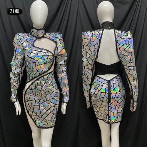 Fashion sparkly Sequin Long Sleeve Dresses for Women sexy Evening Party Birthday Wear Nightclub Dance Singer Dress Stage Costume