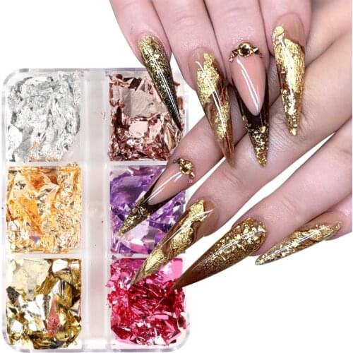 Iridescent Gold Leaf Sliver Nails Holo Foil Gilding Craft Luxury Alloy Paper DIY Nail Glitter Flake Art Sticker Decorations Set
