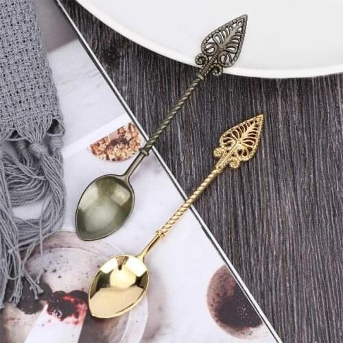 1pcs Retro Mini Coffee Spoon Sugar Tea Dessert Cake Spoons Carved Ice Cream Teaspoon Small Alloy Teaspoon Cutlery Accessories
