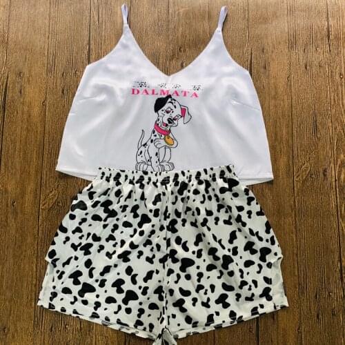 2021 Animal Cartoon Print Lovely Sleepwear Pajamas Summer V Neck Sexy Pyjamas Women Spaghetti Strap Loose Pijama Satin Femme Dog