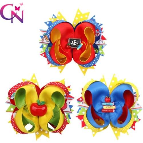 CN 1PC Back To School Hair Bows For Girls Handmade Pencil Print Dot Layered Ribbons Hair Clips Students Hair Accessories