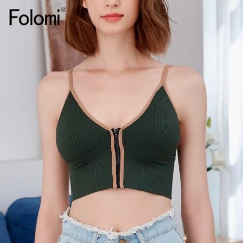 Folomi Front Zipper Vest Push Up Bras For Women Bralette Top Deep V Wire Free Backless Sports Brassiere One Size