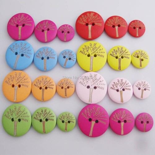 WBNWOE Engraved Tree on colorful wooden buttons for garment sewing ornament 15mm/20mm/25mm DIY toys craft buttons