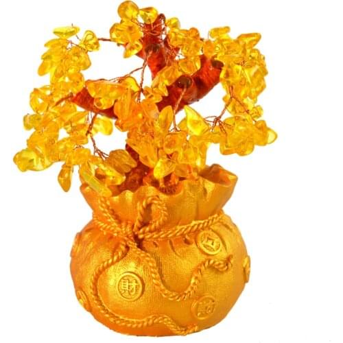 Fengshui Citrine Crystal Gem Money Tree with Chinese Coins Pot for Wealth J2235