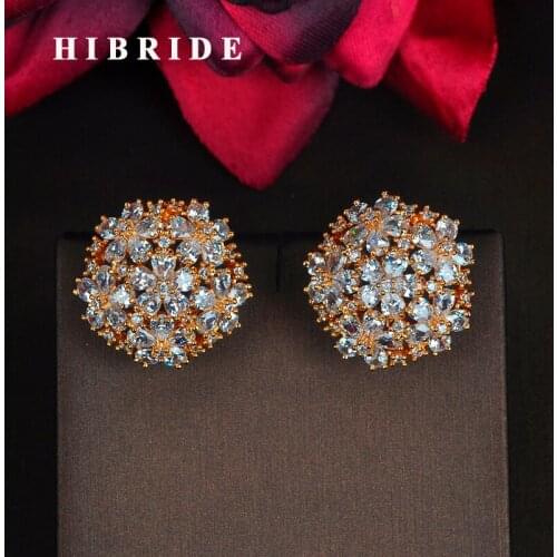 HIBRIDE Beauty Flower Shape Sparkling AAA+ Cubic Zirconia Stud Earrings Fashion Gold Color Earrings For Women/Lady Jewelry E-809