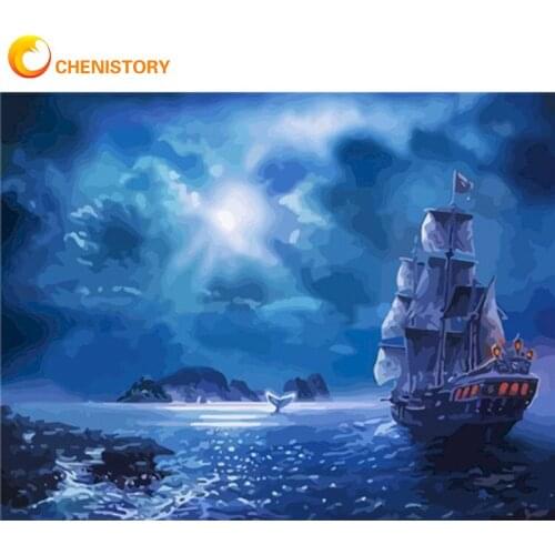 CHENISTORY Painting By Numbers Ship On Ocean At Night Landscape Picture By Number Handmade Diy Framed Acrylic Draw Canvas