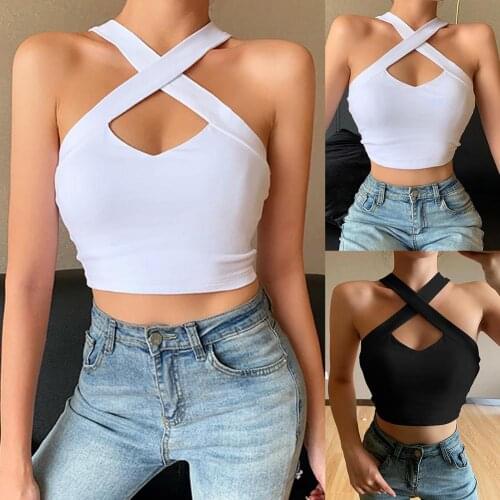 HOT SALES！！！New Arrival Sexy Women Criss Cross Sleeveless Cut Out Halter Vest Strap Camisole Crop Top