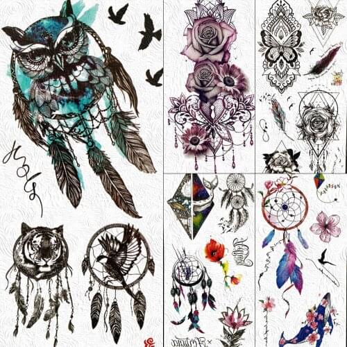 Owl Style Dreamcatcher Temporary Tattoos Fake Sticker Body Art Arm Tattoo For Women Men Kids 3D Feather Waterproof Tatoos Tiger