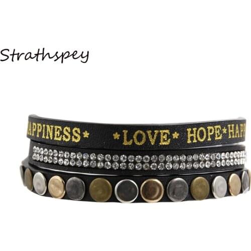 Fashion Women Trendy Thin 3 Row Stud Rhinestone Set Letter Wrap Leather Bracelet Wrist Rivet Bracelets For Women Charm Jewelry