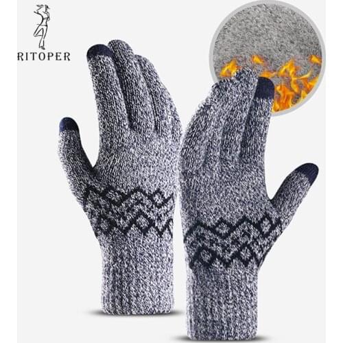 RITOPER WIinter Mens Knitting Gloves Plus Thicken Velvet Touch Screen Gloves Outdoor Embroidered Gloves Cycling Sport Fashion