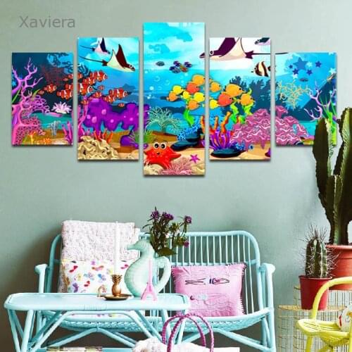 5 Piece Set Modern Art Poster Cartoon Underwater World Canvas Painting Color Painting Home Decor Childrens Room Frameless Mural