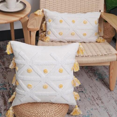 Yellow Dot Handmade Embroidery Pillow Cover With Tassels Beige Cushion Cover Home Decorative PillowCase Pillow Sham 45x45/30x50