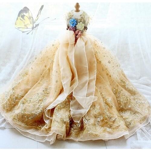 Handmade Dog Clothes Pet Trailing Dress Gown Big Bow Gorgeous Glitter Champagne Golden Princess Soft Tulle Poodle Maltese Yorkie